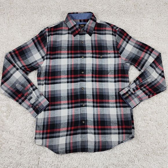 Lee Flannel Shirt Mens Medium Gray Plaid Warm Winter Button Up Long Sleeve - Picture 1 of 11